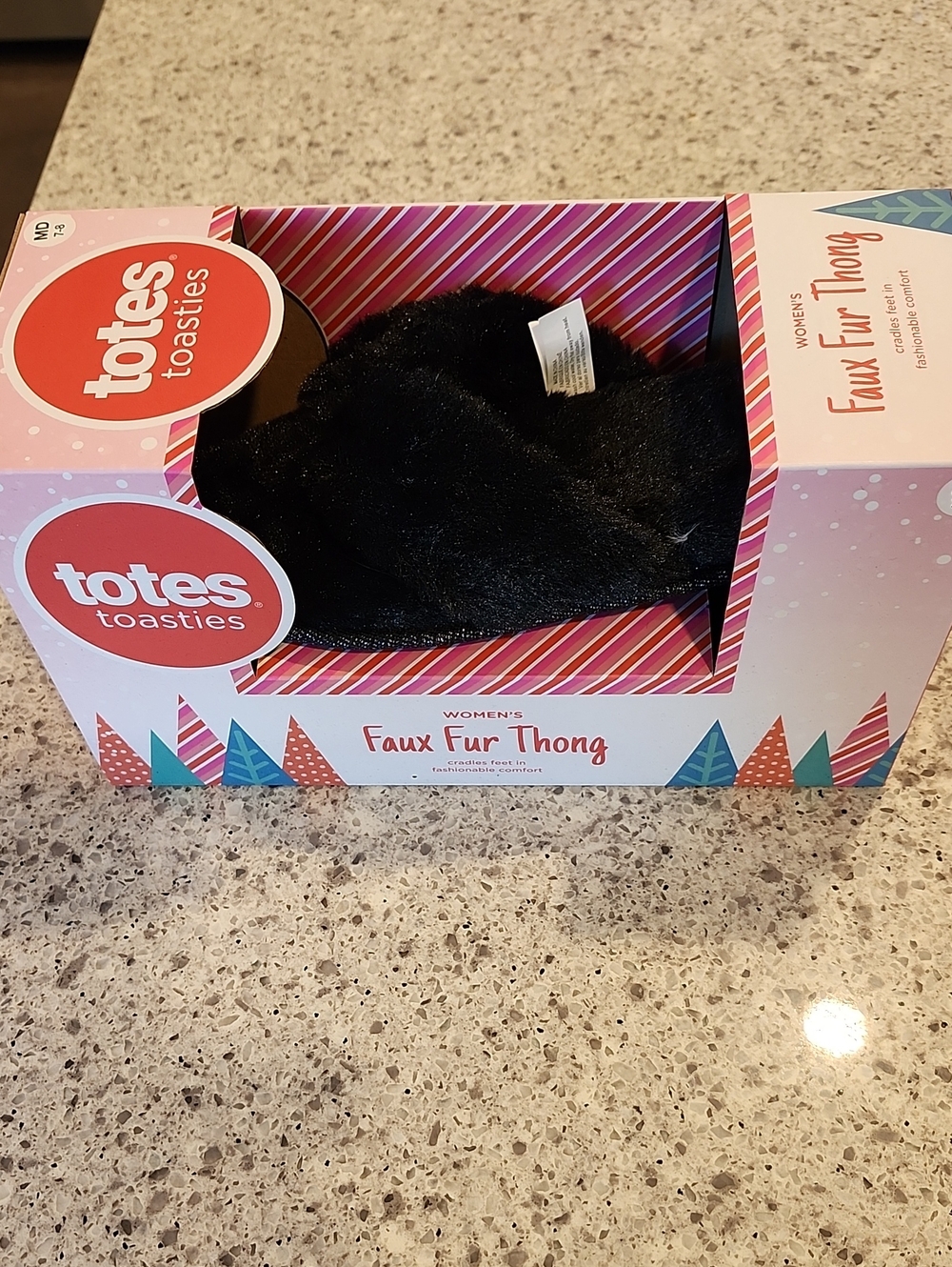 Totes Toasties Women's Black Faux Fur Thong Size 7-8